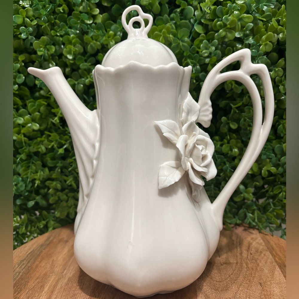 Grace Teaware cream color Embossed Rose fine Porcelain Floral Coffee Pot